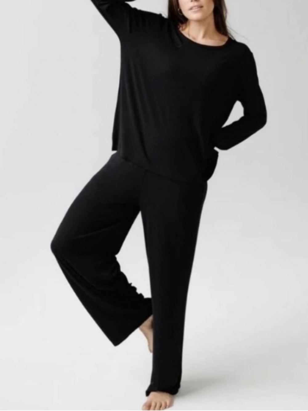 Cozy Earth Premium Bamboo Rib-Knit Wide Leg Draped Lounge Pants | Black | Small